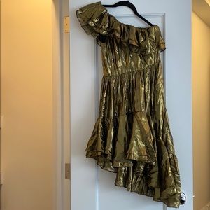 LoveShackFancy gold one shoulder dress